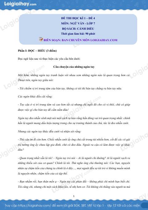 Đề thi học kì 1 Văn 7 Cánh diều - Đề số 4